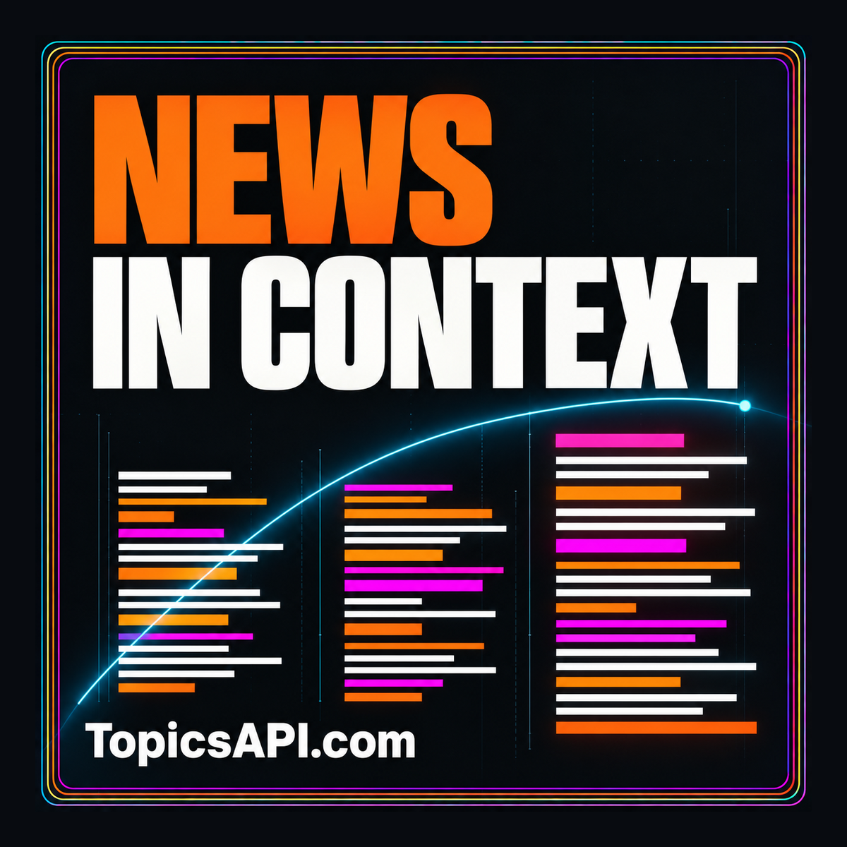 News in Context: bold neon typography and editorial column motifs, branded TopicsAPI.com.
